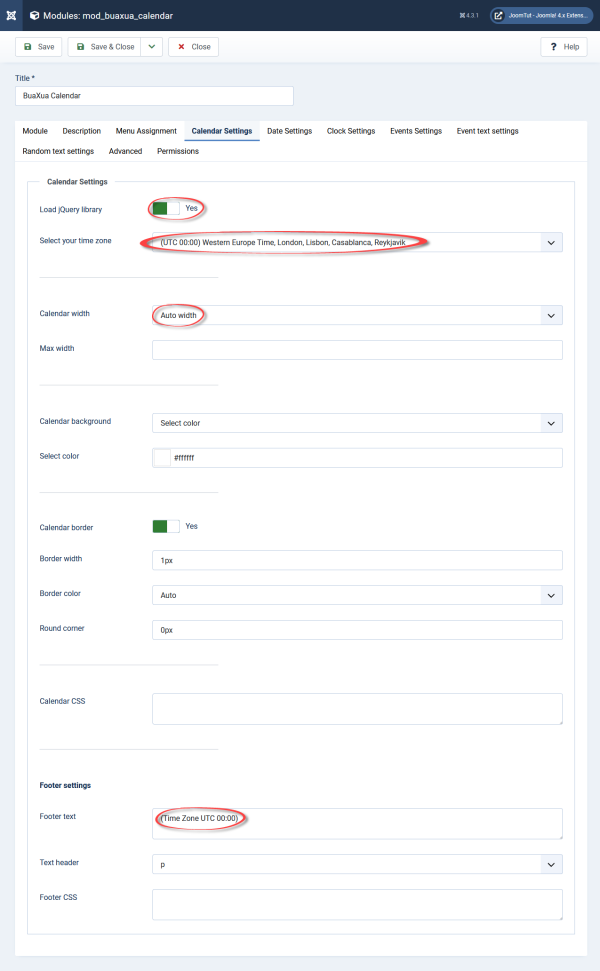 Module BuaXua Calendar default settings