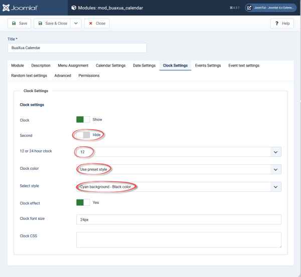 Module BuaXua Calendar default clock settings
