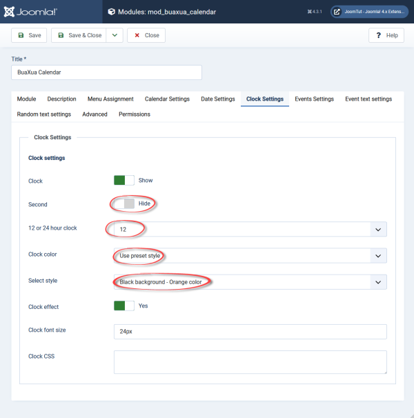 Module BuaXua Calendar clock settings