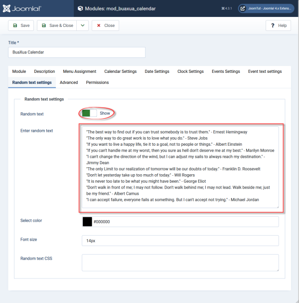 Module BuaXua Calendar default random text settings