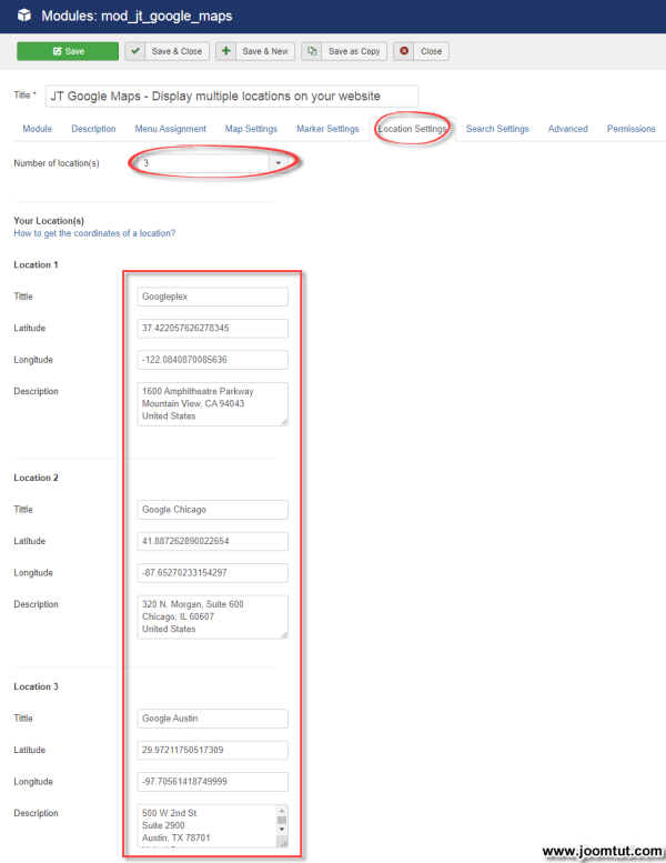 Module JT Google Maps Location Settings