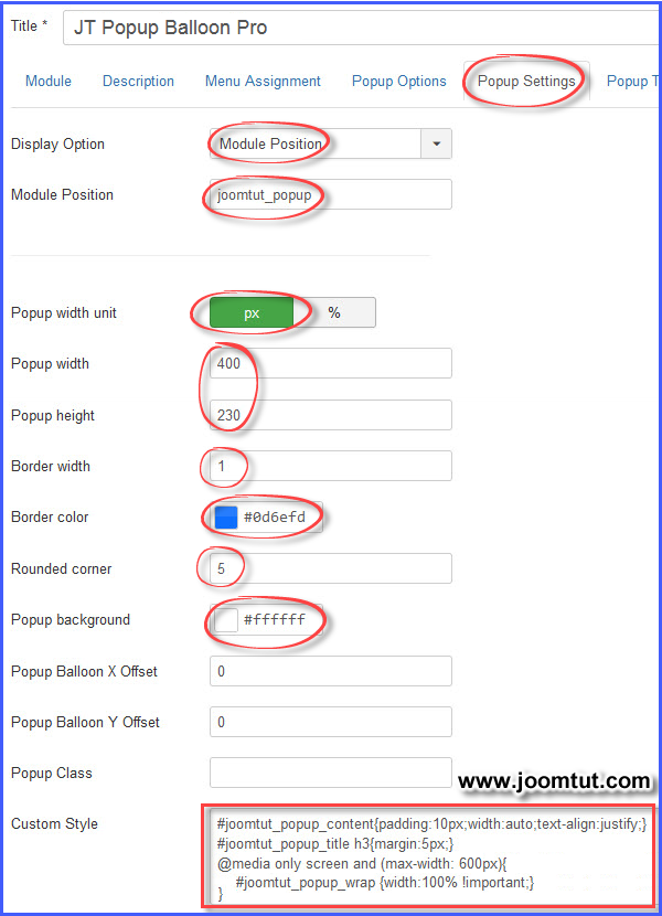 JT Popup Balloon Pro Settings