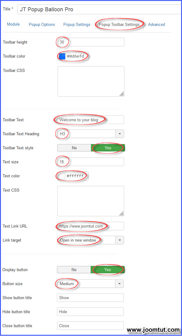 JT Popup Balloon Pro Toolbar Settings