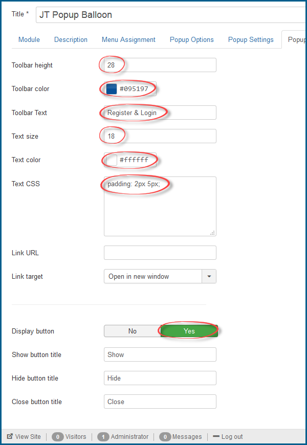 JT Popup Balloon Pro Toolbar Settings
